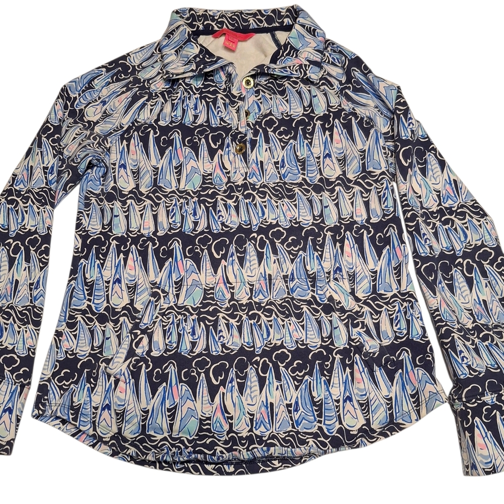 Lilly Pulitzer Sailboat Print Pullover Stretch Top With Kangaroo Pocket Sz XS